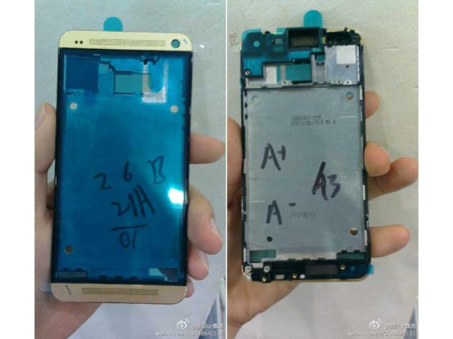 Golden shell of the front panel of HTC One is captured in photos