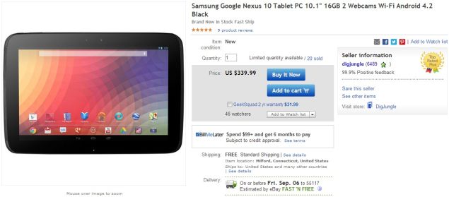 Google Nexus 10 the 16GB version at lower price on eBay