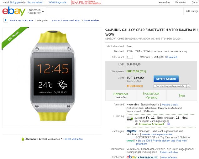 Galaxy Gear is offered at discounted price for €229 on the German eBay