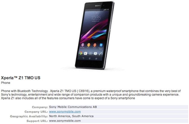 Sony Xperia Z1 will arrive in T-Mobile, confirmed in another leak from Bluetooth SIG