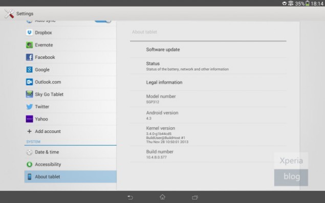 Xperia Tablet Z Android 4.3  update for Wi-Fi model
