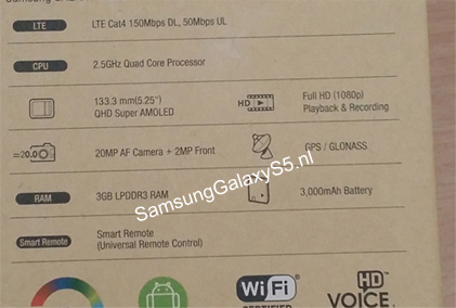 Samsung Galaxy S5 specs unveiled ahead of its announcement in a leak of its alleged box
